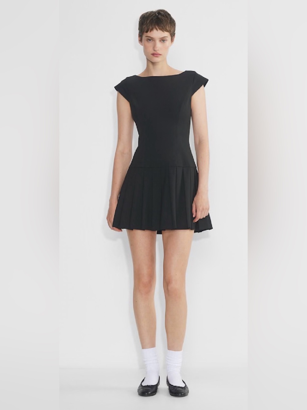 Aritzia Black Cap-Sleeve Pleated-Hem Mini Dress